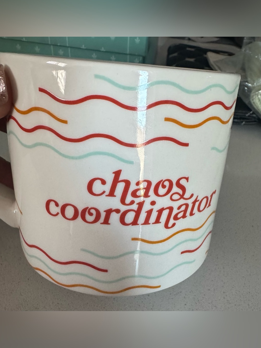 Chaos Coordinator Ceramic Mug - White with Red, Orange & Mint Waves - Picture 2 of 4